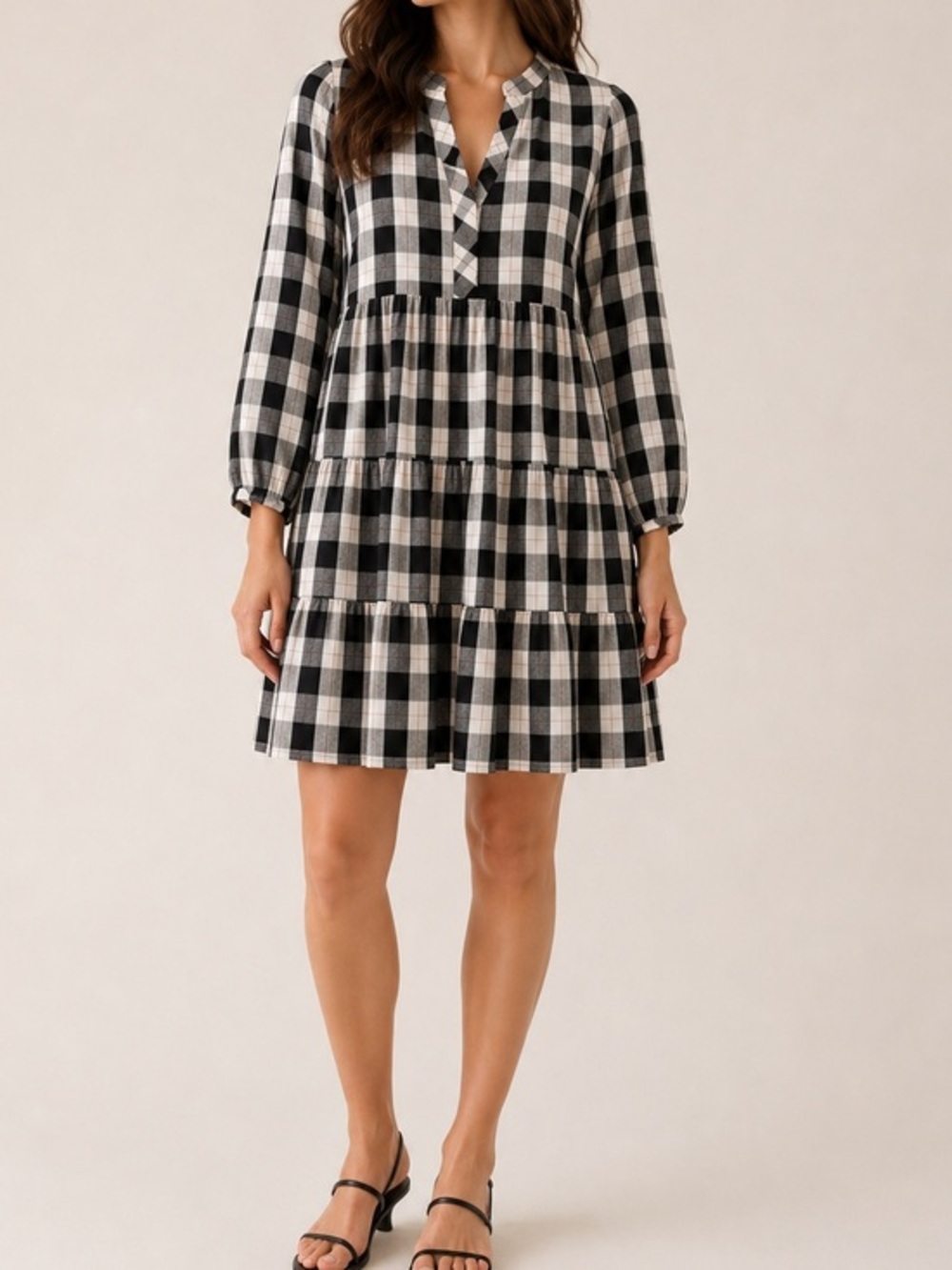 Anthro Maeve V-Neck Black White Amber Plaid Tiered Tunic Mini Dress